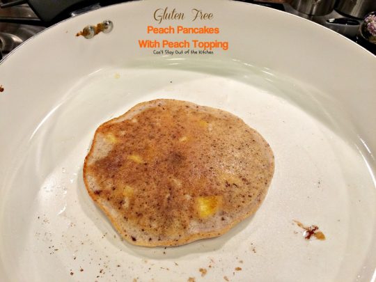 Gluten Free Peach Pancakes with Peach Topping | Can't Stay Out of the Kitchen | healthy #pancake option loaded with fresh #peaches. You will savor every mouthful! #glutenfree