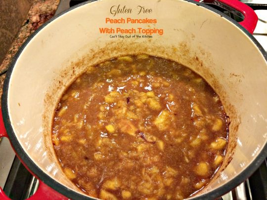 Gluten Free Peach Pancakes with Peach Topping | Can't Stay Out of the Kitchen | healthy #pancake option loaded with fresh #peaches. You will savor every mouthful! #glutenfree