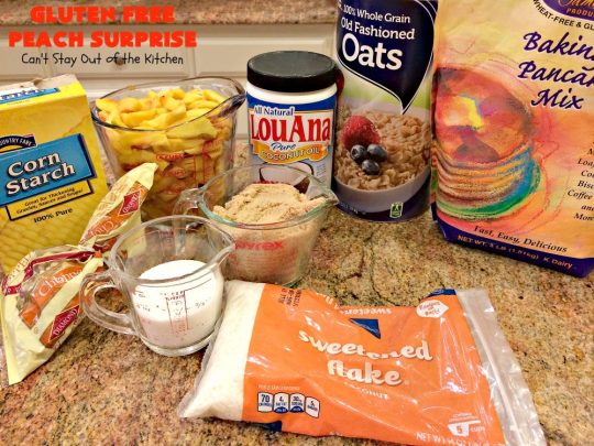 Gluten Free Peach Surprise | Can't Stay Out of the Kitchen | this fantastic #peach #dessert is absolutely spectacular. It uses gluten free flour & coconut oil so it's #glutenfree & #vegan. It's a terrific #recipe for summer #holidays, backyard barbecues & potlucks. Our company loved it! #hazelnuts