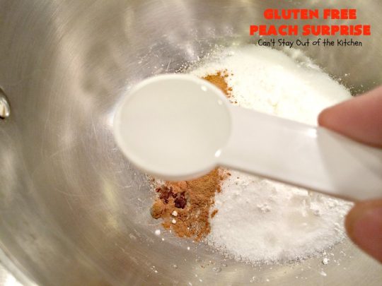 Gluten Free Peach Surprise | Can't Stay Out of the Kitchen | this fantastic #peach #dessert is absolutely spectacular. It uses gluten free flour & coconut oil so it's #glutenfree & #vegan. It's a terrific #recipe for summer #holidays, backyard barbecues & potlucks. Our company loved it! #hazelnuts