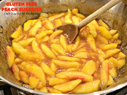 Gluten Free Peach Surprise | Can't Stay Out of the Kitchen | this fantastic #peach #dessert is absolutely spectacular. It uses gluten free flour & coconut oil so it's #glutenfree & #vegan. It's a terrific #recipe for summer #holidays, backyard barbecues & potlucks. Our company loved it! #hazelnuts