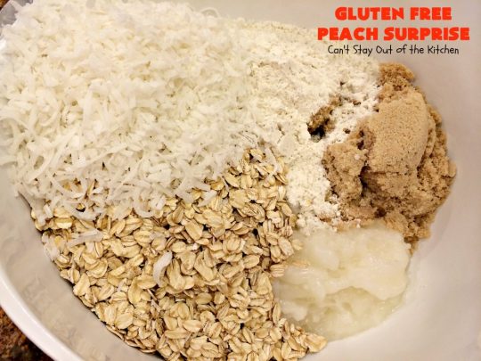 Gluten Free Peach Surprise | Can't Stay Out of the Kitchen | this fantastic #peach #dessert is absolutely spectacular. It uses gluten free flour & coconut oil so it's #glutenfree & #vegan. It's a terrific #recipe for summer #holidays, backyard barbecues & potlucks. Our company loved it! #hazelnuts