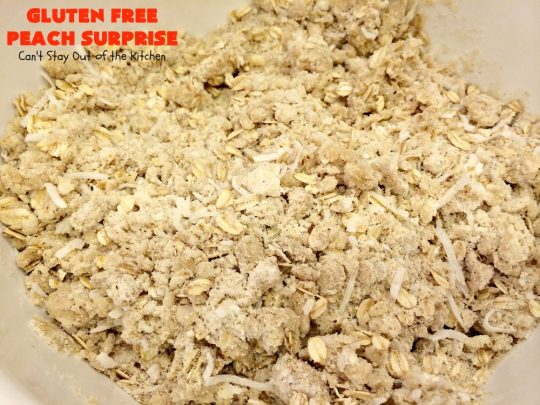 Gluten Free Peach Surprise | Can't Stay Out of the Kitchen | this fantastic #peach #dessert is absolutely spectacular. It uses gluten free flour & coconut oil so it's #glutenfree & #vegan. It's a terrific #recipe for summer #holidays, backyard barbecues & potlucks. Our company loved it! #hazelnuts