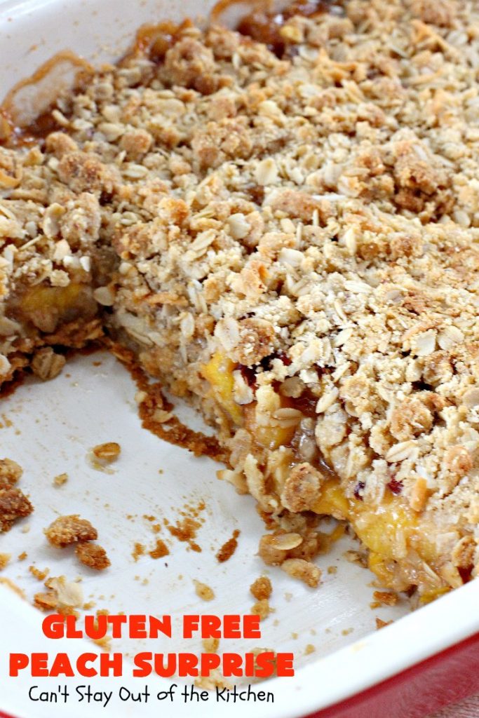 Gluten Free Peach Surprise | Can't Stay Out of the Kitchen | this fantastic #peach #dessert is absolutely spectacular. It uses gluten free flour & coconut oil so it's #glutenfree & #vegan. It's a terrific #recipe for summer #holidays, backyard barbecues & potlucks. Our company loved it! #hazelnuts