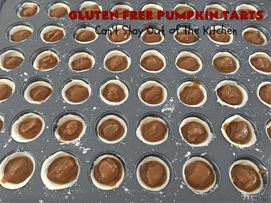 Gluten Free Pumpkin Tarts | Can't Stay Out of the Kitchen | these miniature #PumpkinPie tarts are a great treat for #FallBaking, #holiday parties or #Thanksgiving or #Christmas dinner. Every bite is like eating a tiny #pumpkin #pie. Plus, you can use #GlutenFree or regular flour. Both ways are fantastic. Great for #tailgating too. #dessert #GlutenFreePumpkinTarts #PumpkinDessert