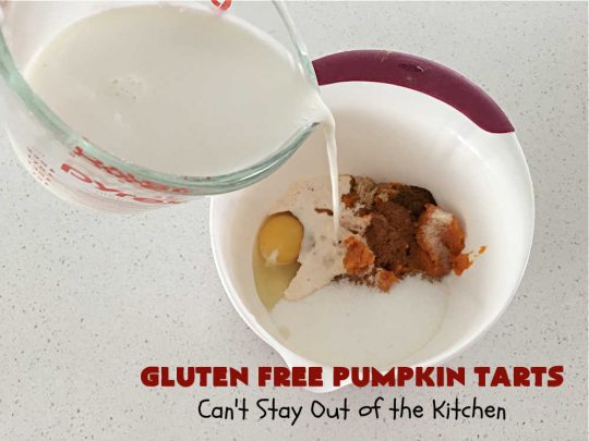 Gluten Free Pumpkin Tarts | Can't Stay Out of the Kitchen | these miniature #PumpkinPie tarts are a great treat for #FallBaking, #holiday parties or #Thanksgiving or #Christmas dinner. Every bite is like eating a tiny #pumpkin #pie. Plus, you can use #GlutenFree or regular flour. Both ways are fantastic. Great for #tailgating too. #dessert #GlutenFreePumpkinTarts #PumpkinDessert