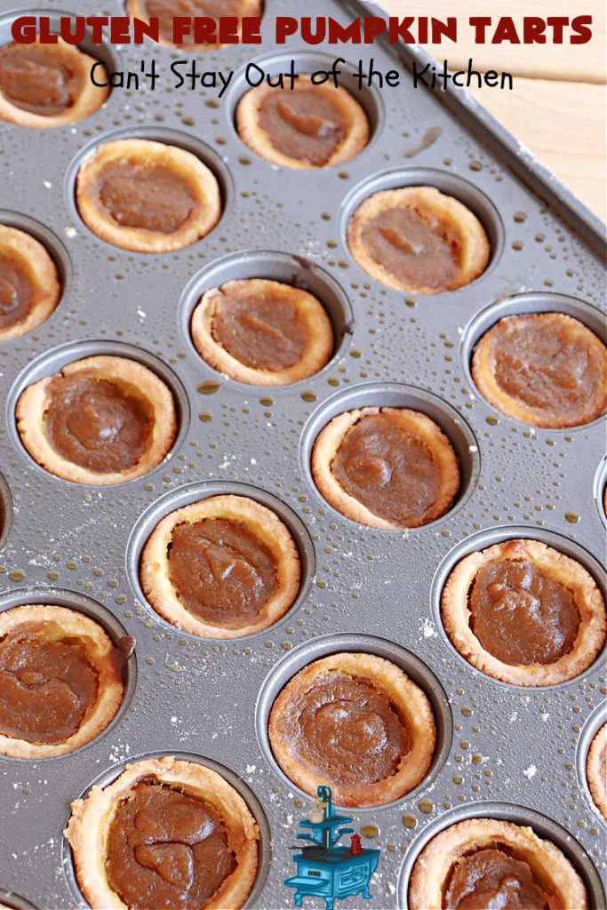 Gluten Free Pumpkin Tarts | Can't Stay Out of the Kitchen | these miniature #PumpkinPie tarts are a great treat for #FallBaking, #holiday parties or #Thanksgiving or #Christmas dinner. Every bite is like eating a tiny #pumpkin #pie. Plus, you can use #GlutenFree or regular flour. Both ways are fantastic. Great for #tailgating too. #dessert #GlutenFreePumpkinTarts #PumpkinDessert