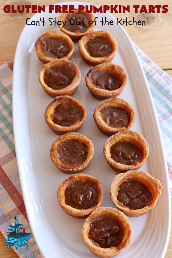 Gluten Free Pumpkin Tarts | Can't Stay Out of the Kitchen | these miniature #PumpkinPie tarts are a great treat for #FallBaking, #holiday parties or #Thanksgiving or #Christmas dinner. Every bite is like eating a tiny #pumpkin #pie. Plus, you can use #GlutenFree or regular flour. Both ways are fantastic. Great for #tailgating too. #dessert #GlutenFreePumpkinTarts #PumpkinDessert