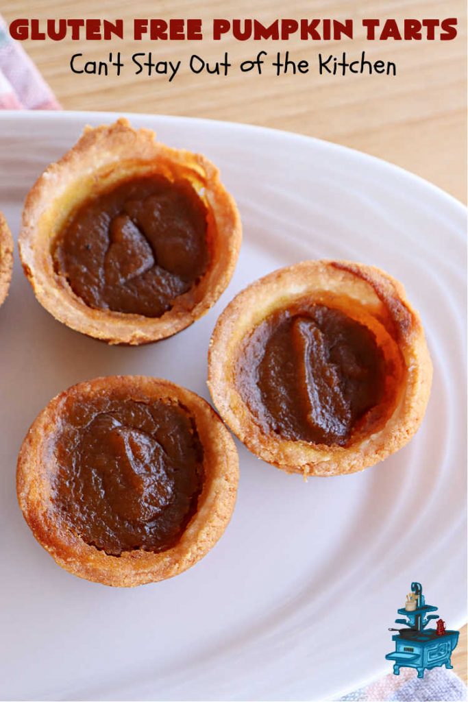 Gluten Free Pumpkin Tarts | Can't Stay Out of the Kitchen | these miniature #PumpkinPie tarts are a great treat for #FallBaking, #holiday parties or #Thanksgiving or #Christmas dinner. Every bite is like eating a tiny #pumpkin #pie. Plus, you can use #GlutenFree or regular flour. Both ways are fantastic. Great for #tailgating too. #dessert #GlutenFreePumpkinTarts #PumpkinDessert
