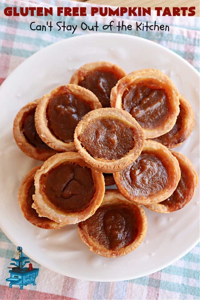 Gluten Free Pumpkin Tarts | Can't Stay Out of the Kitchen | these miniature #PumpkinPie tarts are a great treat for #FallBaking, #holiday parties or #Thanksgiving or #Christmas dinner. Every bite is like eating a tiny #pumpkin #pie. Plus, you can use #GlutenFree or regular flour. Both ways are fantastic. Great for #tailgating too. #dessert #GlutenFreePumpkinTarts #PumpkinDessert