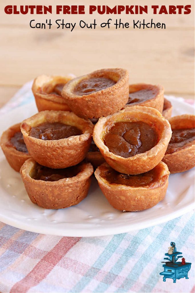 Gluten Free Pumpkin Tarts | Can't Stay Out of the Kitchen | these miniature #PumpkinPie tarts are a great treat for #FallBaking, #holiday parties or #Thanksgiving or #Christmas dinner. Every bite is like eating a tiny #pumpkin #pie. Plus, you can use #GlutenFree or regular flour. Both ways are fantastic. Great for #tailgating too. #dessert #GlutenFreePumpkinTarts #PumpkinDessert