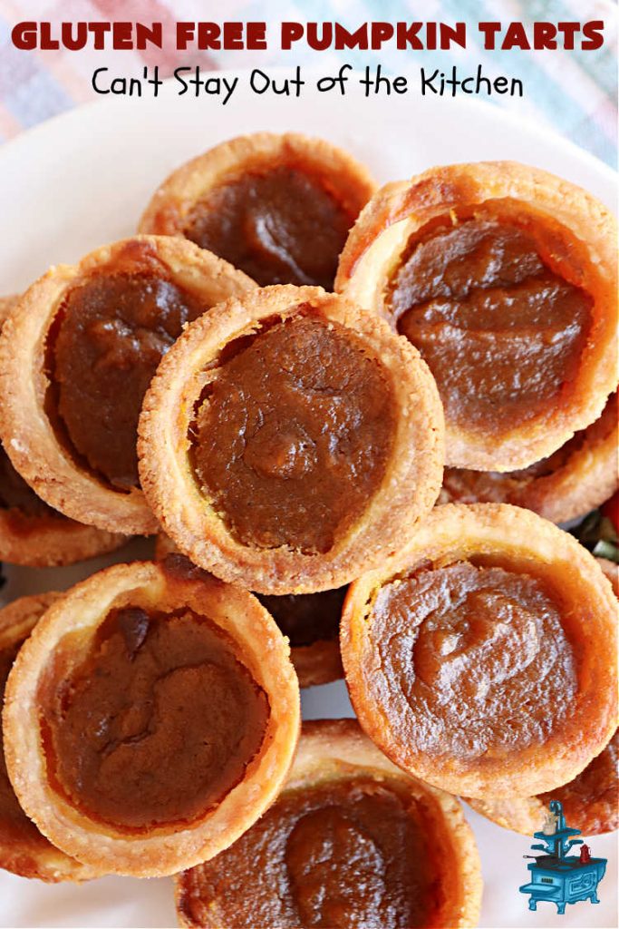 Gluten Free Pumpkin Tarts | Can't Stay Out of the Kitchen | these miniature #PumpkinPie tarts are a great treat for #FallBaking, #holiday parties or #Thanksgiving or #Christmas dinner. Every bite is like eating a tiny #pumpkin #pie. Plus, you can use #GlutenFree or regular flour. Both ways are fantastic. Great for #tailgating too. #dessert #GlutenFreePumpkinTarts #PumpkinDessert