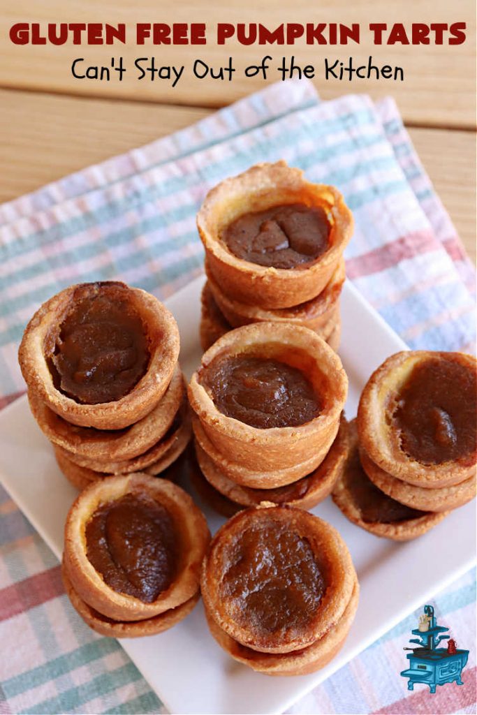 Gluten Free Pumpkin Tarts | Can't Stay Out of the Kitchen | these miniature #PumpkinPie tarts are a great treat for #FallBaking, #holiday parties or #Thanksgiving or #Christmas dinner. Every bite is like eating a tiny #pumpkin #pie. Plus, you can use #GlutenFree or regular flour. Both ways are fantastic. Great for #tailgating too. #dessert #GlutenFreePumpkinTarts #PumpkinDessert