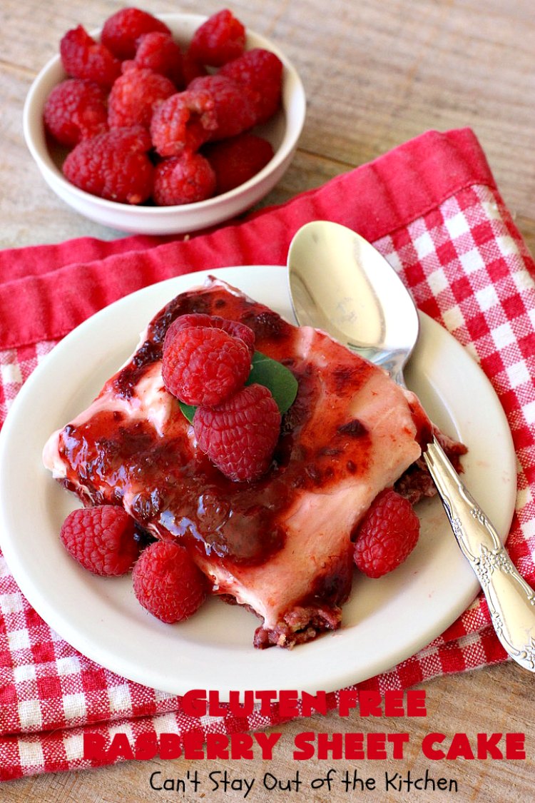 Gluten Free Raspberry Sheet Cake | Can't Stay Out of the Kitchen | this luscious #raspberry #cake will knock your socks off! It's terrific for #Christmas, #ValentinesDay or other #holidays. #Dessert #HolidayDessert #RaspberryDessert #GlutenFree #RaspberrySheetCake #GlutenFreeRaspberrySheetCake