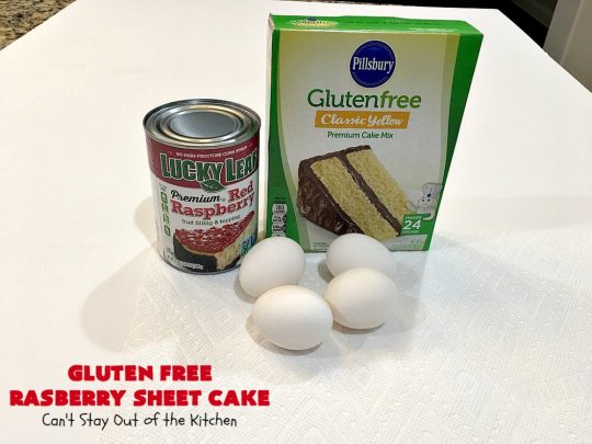 Gluten Free Raspberry Sheet Cake | Can't Stay Out of the Kitchen | this luscious #raspberry #cake will knock your socks off! It's terrific for #Christmas, #ValentinesDay or other #holidays. #Dessert #HolidayDessert #RaspberryDessert #GlutenFree #RaspberrySheetCake #GlutenFreeRaspberrySheetCake