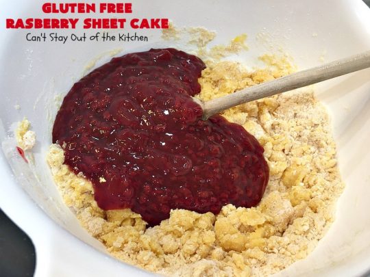 Gluten Free Raspberry Sheet Cake | Can't Stay Out of the Kitchen | this luscious #raspberry #cake will knock your socks off! It's terrific for #Christmas, #ValentinesDay or other #holidays. #Dessert #HolidayDessert #RaspberryDessert #GlutenFree #RaspberrySheetCake #GlutenFreeRaspberrySheetCake