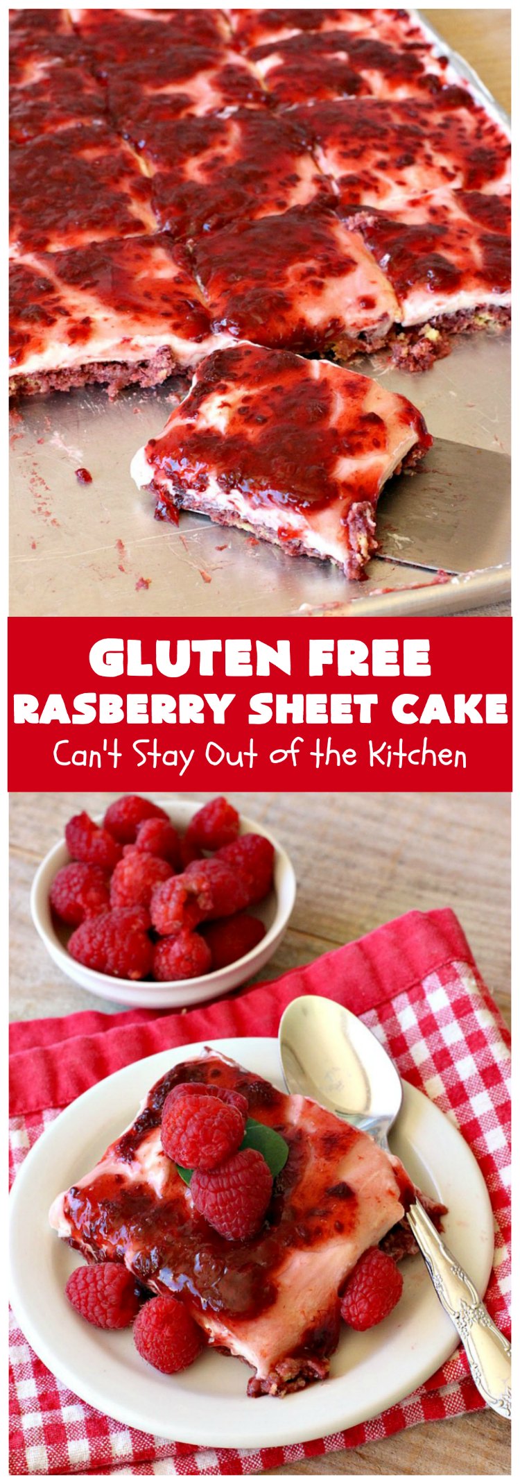 Gluten Free Raspberry Sheet Cake | Can't Stay Out of the Kitchen | this luscious #raspberry #cake will knock your socks off! It's terrific for #Christmas, #ValentinesDay or other #holidays. #Dessert #HolidayDessert #RaspberryDessert #GlutenFree #RaspberrySheetCake #GlutenFreeRaspberrySheetCake