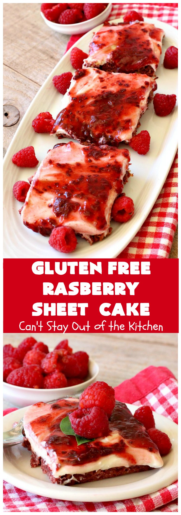 Gluten Free Raspberry Sheet Cake | Can't Stay Out of the Kitchen | this luscious #raspberry #cake will knock your socks off! It's terrific for #Christmas, #ValentinesDay or other #holidays. #Dessert #HolidayDessert #RaspberryDessert #GlutenFree #RaspberrySheetCake #GlutenFreeRaspberrySheetCake