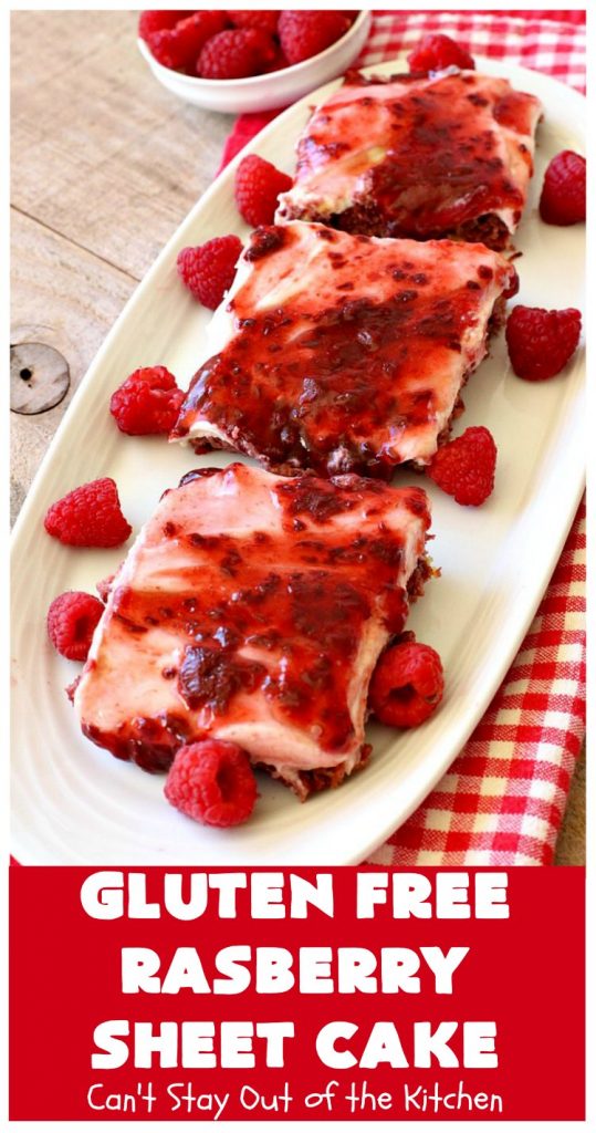 Gluten Free Raspberry Sheet Cake | Can't Stay Out of the Kitchen | this luscious #raspberry #cake will knock your socks off! It's terrific for #Christmas, #ValentinesDay or other #holidays. #Dessert #HolidayDessert #RaspberryDessert #GlutenFree #RaspberrySheetCake #GlutenFreeRaspberrySheetCake