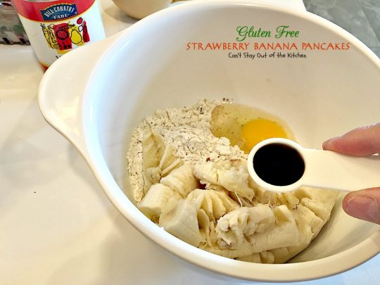 Gluten Free Strawberry Banana Pancakes | Can't Stay Out of the Kitchen | these lovely #pancakes are filled with both #strawberries and #bananas. Healthy, #glutenfree recipe that's great for a #holiday #breakfast.