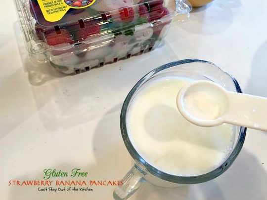 Gluten Free Strawberry Banana Pancakes | Can't Stay Out of the Kitchen | these lovely #pancakes are filled with both #strawberries and #bananas. Healthy, #glutenfree recipe that's great for a #holiday #breakfast.