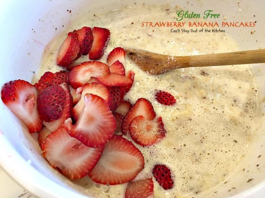 Gluten Free Strawberry Banana Pancakes | Can't Stay Out of the Kitchen | these lovely #pancakes are filled with both #strawberries and #bananas. Healthy, #glutenfree recipe that's great for a #holiday #breakfast.