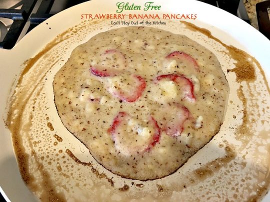 Gluten Free Strawberry Banana Pancakes | Can't Stay Out of the Kitchen | these lovely #pancakes are filled with both #strawberries and #bananas. Healthy, #glutenfree recipe that's great for a #holiday #breakfast.