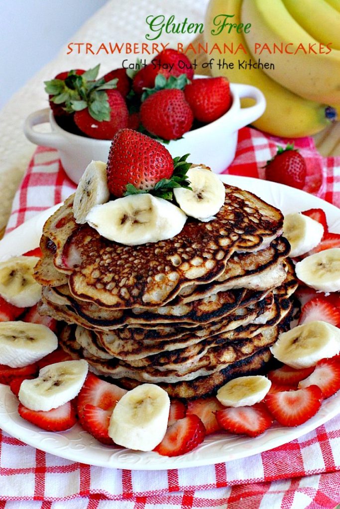 Gluten Free Strawberry Banana Pancakes | Can't Stay Out of the Kitchen | these lovely #pancakes are filled with both #strawberries and #bananas. Healthy, #glutenfree recipe that's great for a #holiday #breakfast.