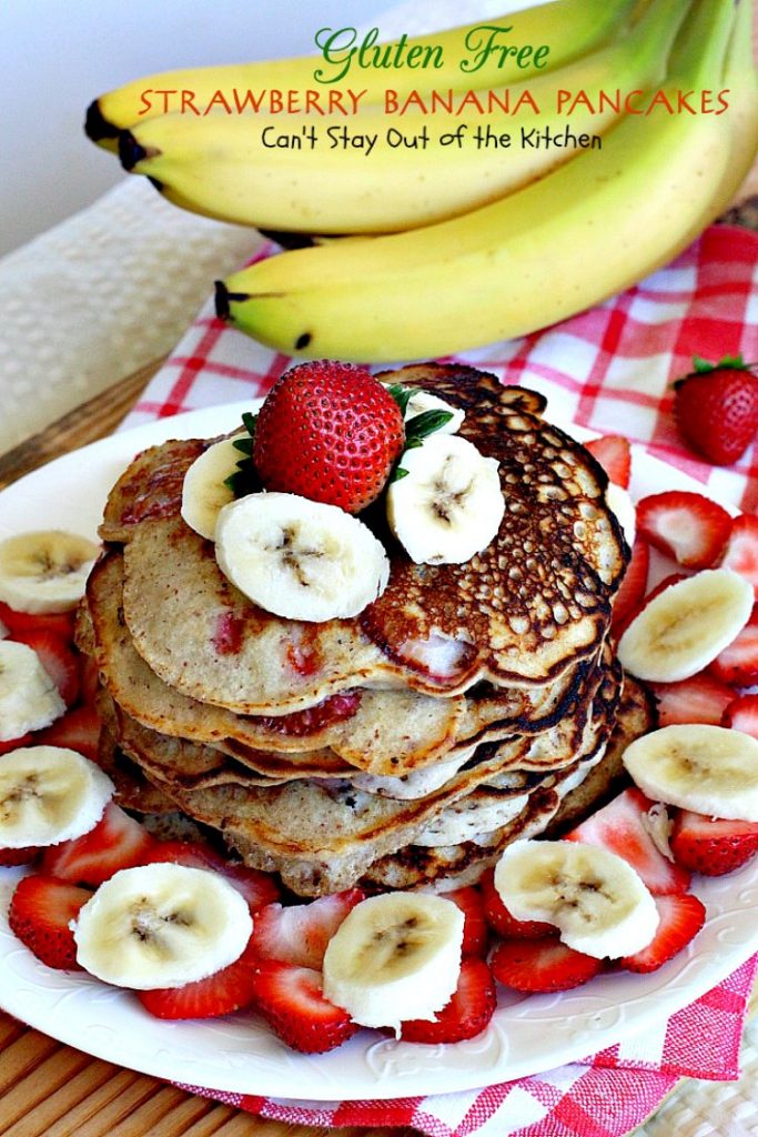 Gluten Free Strawberry Banana Pancakes | Can't Stay Out of the Kitchen | these lovely #pancakes are filled with both #strawberries and #bananas. Healthy, #glutenfree recipe that's great for a #holiday #breakfast.