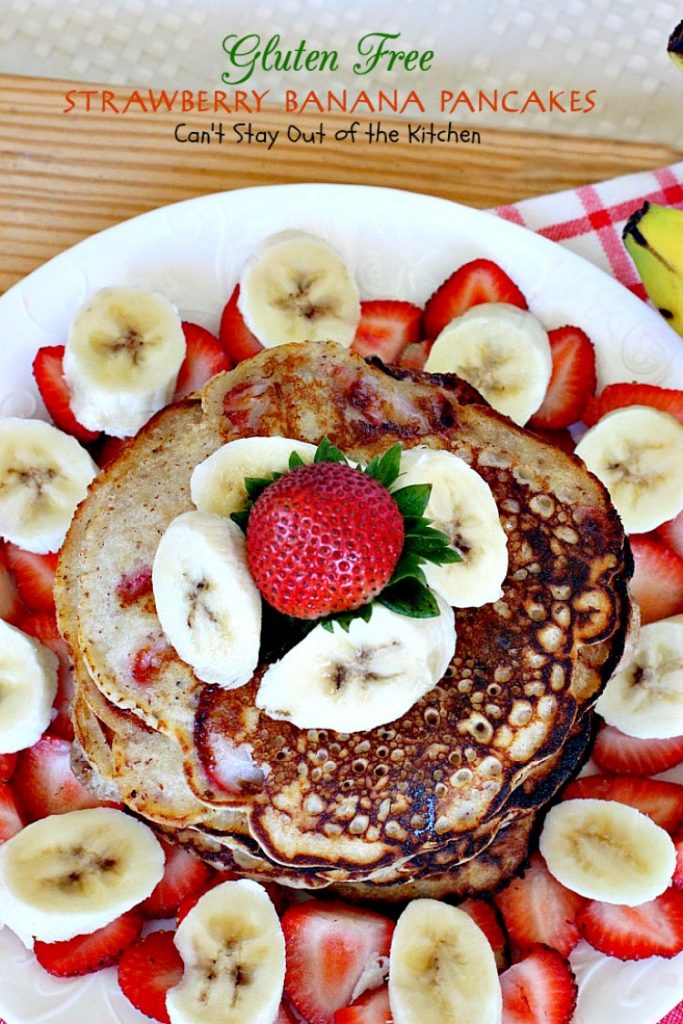 Gluten Free Strawberry Banana Pancakes | Can't Stay Out of the Kitchen | these lovely #pancakes are filled with both #strawberries and #bananas. Healthy, #glutenfree recipe that's great for a #holiday #breakfast.