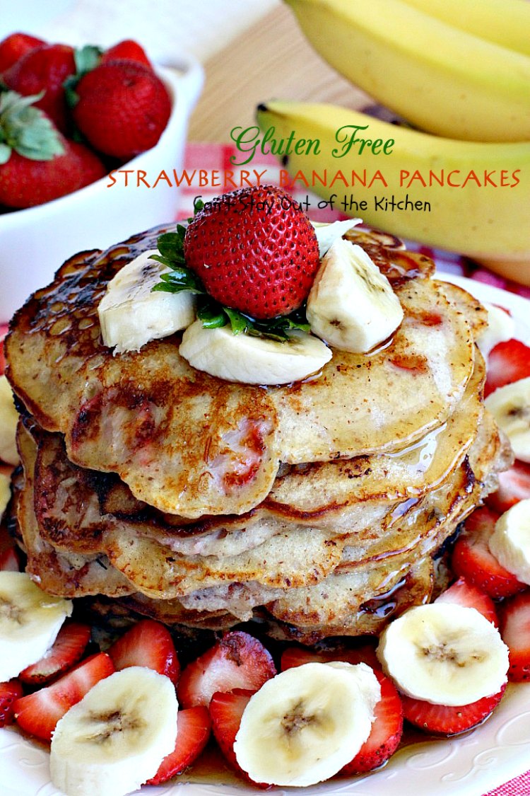 Gluten Free Strawberry Banana Pancakes | Can't Stay Out of the Kitchen | these lovely #pancakes are filled with both #strawberries and #bananas. Healthy, #glutenfree recipe that's great for a #holiday #breakfast.