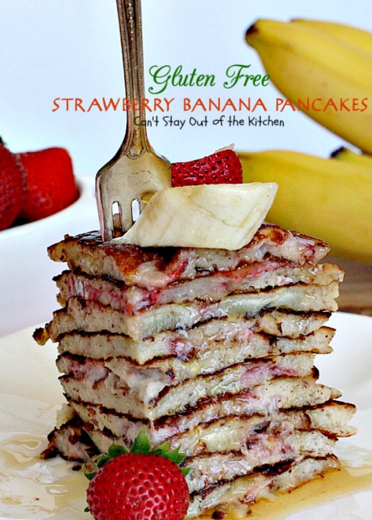Gluten Free Strawberry Banana Pancakes | Can't Stay Out of the Kitchen | these lovely #pancakes are filled with both #strawberries and #bananas. Healthy, #glutenfree recipe that's great for a #holiday #breakfast.