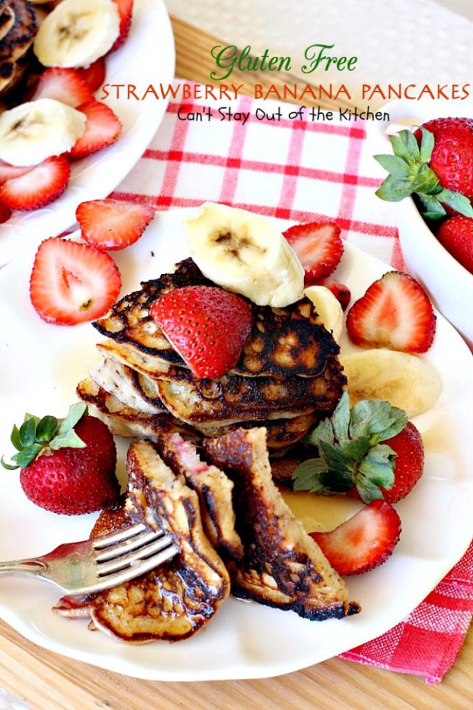 Gluten Free Strawberry Banana Pancakes | Can't Stay Out of the Kitchen | these lovely #pancakes are filled with both #strawberries and #bananas. Healthy, #glutenfree recipe that's great for a #holiday #breakfast.