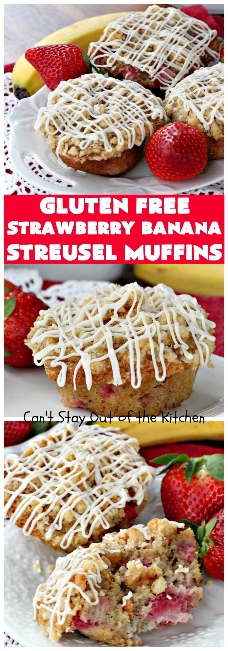 Gluten Free Strawberry Banana Streusel Muffins | Can't Stay Out of the Kitchen | these spectacular #muffins are so mouthwatering & delicious. Terrific for a #holiday #breakfast like #Christmas or #NewYearsDay. They include #strawberries, #Bananas & #GreekYogurt. They have a #streusel topping & then icing on top which makes them perfect! #GlutenFree #HolidayBreakfast #GlutenFreeStrawberryBananaStreuselMuffins