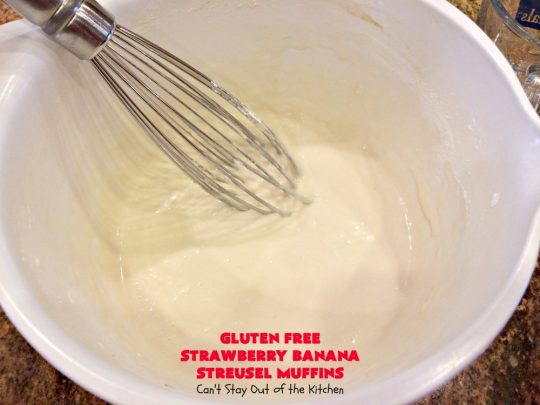 Gluten Free Strawberry Banana Streusel Muffins | Can't Stay Out of the Kitchen | these spectacular #muffins are so mouthwatering & delicious. Terrific for a #holiday #breakfast like #Christmas or #NewYearsDay. They include #strawberries, #Bananas & #GreekYogurt. They have a #streusel topping & then icing on top which makes them perfect! #GlutenFree #HolidayBreakfast #GlutenFreeStrawberryBananaStreuselMuffins