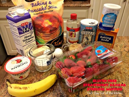 Gluten Free Strawberry Banana Streusel Muffins | Can't Stay Out of the Kitchen | these spectacular #muffins are so mouthwatering & delicious. Terrific for a #holiday #breakfast like #Christmas or #NewYearsDay. They include #strawberries, #Bananas & #GreekYogurt. They have a #streusel topping & then icing on top which makes them perfect! #GlutenFree #HolidayBreakfast #GlutenFreeStrawberryBananaStreuselMuffins