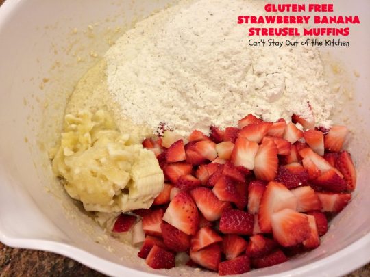 Gluten Free Strawberry Banana Streusel Muffins | Can't Stay Out of the Kitchen | these spectacular #muffins are so mouthwatering & delicious. Terrific for a #holiday #breakfast like #Christmas or #NewYearsDay. They include #strawberries, #Bananas & #GreekYogurt. They have a #streusel topping & then icing on top which makes them perfect! #GlutenFree #HolidayBreakfast #GlutenFreeStrawberryBananaStreuselMuffins