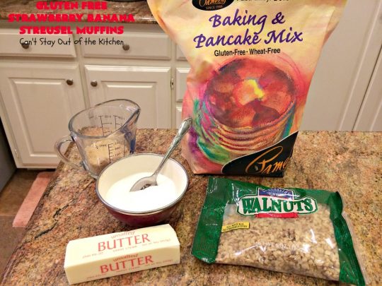 Gluten Free Strawberry Banana Streusel Muffins | Can't Stay Out of the Kitchen | these spectacular #muffins are so mouthwatering & delicious. Terrific for a #holiday #breakfast like #Christmas or #NewYearsDay. They include #strawberries, #Bananas & #GreekYogurt. They have a #streusel topping & then icing on top which makes them perfect! #GlutenFree #HolidayBreakfast #GlutenFreeStrawberryBananaStreuselMuffins