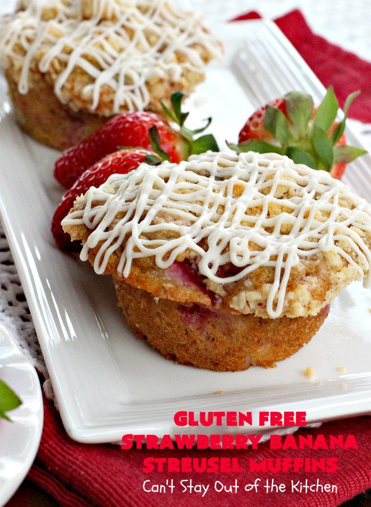 Gluten Free Strawberry Banana Streusel Muffins | Can't Stay Out of the Kitchen | these spectacular #muffins are so mouthwatering & delicious. Terrific for a #holiday #breakfast like #Christmas or #NewYearsDay. They include #strawberries, #Bananas & #GreekYogurt. They have a #streusel topping & then icing on top which makes them perfect! #GlutenFree #HolidayBreakfast #GlutenFreeStrawberryBananaStreuselMuffins
