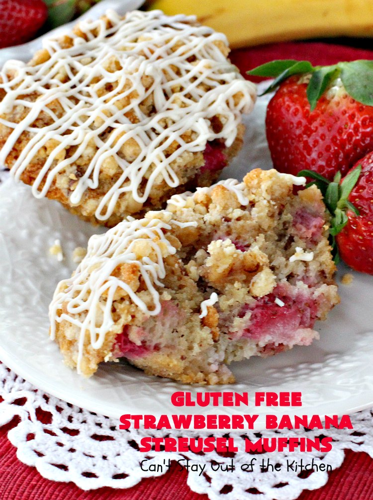 Gluten Free Strawberry Banana Streusel Muffins | Can't Stay Out of the Kitchen | these spectacular #muffins are so mouthwatering & delicious. Terrific for a #holiday #breakfast like #Christmas or #NewYearsDay. They include #strawberries, #Bananas & #GreekYogurt. They have a #streusel topping & then icing on top which makes them perfect! #GlutenFree #HolidayBreakfast #GlutenFreeStrawberryBananaStreuselMuffins