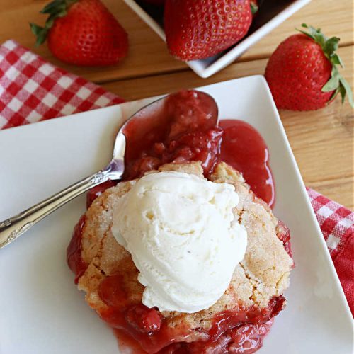 Gluten Free Strawberry Cobbler | Can't Stay Out of the Kitchen | this fantastic #StrawberryCobbler uses my favorite #cobbler #recipe but with #GlutenFree flour instead. It works marvelously with #strawberries & is easy enough to prepare for weeknight, company or #holiday dinners. #GlutenFreeDessert #dessert #StrawberryDessert #GlutenFreeStrawberryCobbler