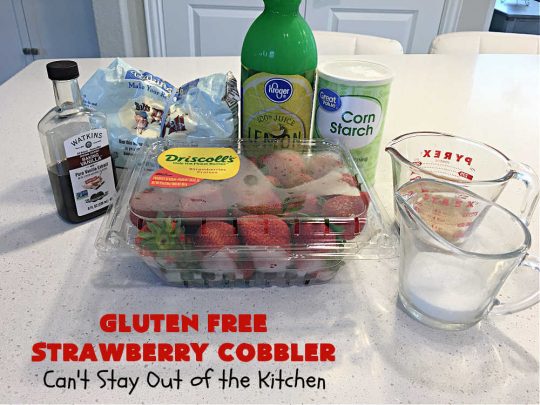 Gluten Free Strawberry Cobbler | Can't Stay Out of the Kitchen | this fantastic #StrawberryCobbler uses my favorite #cobbler #recipe but with #GlutenFree flour instead. It works marvelously with #strawberries & is easy enough to prepare for weeknight, company or #holiday dinners. #GlutenFreeDessert #dessert #StrawberryDessert #GlutenFreeStrawberryCobbler