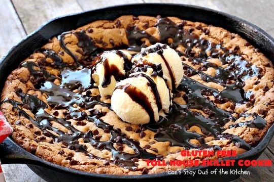 Gluten Free Toll House Skillet Cookie | Can't Stay Out of the Kitchen | this spectacular #skillet #cookie is everything you can ask for in a #dessert. It's rich, chocolaty, decadent & takes #TollHouse #cookies to the next level. Great for a #holiday #dessert like #FathersDay. This one's made with #glutenfree flour & #coconutsugar. #chocolate #chocolatechipcookies