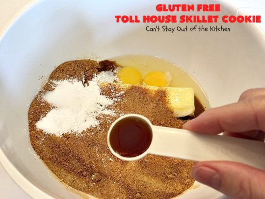 Gluten Free Toll House Skillet Cookie | Can't Stay Out of the Kitchen | this spectacular #skillet #cookie is everything you can ask for in a #dessert. It's rich, chocolaty, decadent & takes #TollHouse #cookies to the next level. Great for a #holiday #dessert like #FathersDay. This one's made with #glutenfree flour & #coconutsugar. #chocolate #chocolatechipcookies