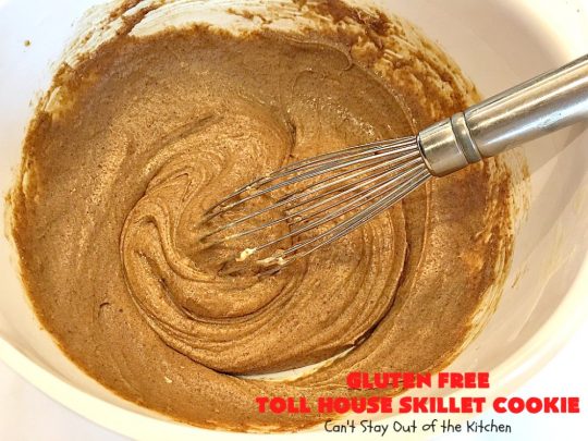 Gluten Free Toll House Skillet Cookie | Can't Stay Out of the Kitchen | this spectacular #skillet #cookie is everything you can ask for in a #dessert. It's rich, chocolaty, decadent & takes #TollHouse #cookies to the next level. Great for a #holiday #dessert like #FathersDay. This one's made with #glutenfree flour & #coconutsugar. #chocolate #chocolatechipcookies