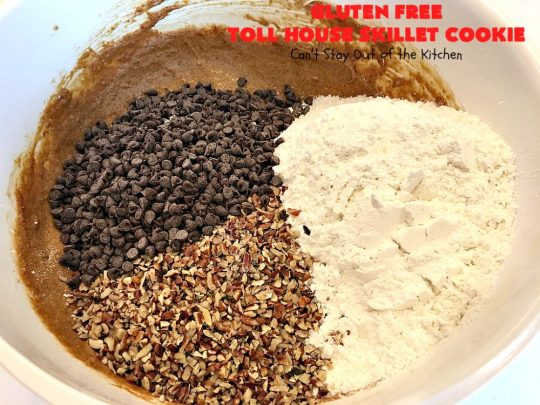 Gluten Free Toll House Skillet Cookie | Can't Stay Out of the Kitchen | this spectacular #skillet #cookie is everything you can ask for in a #dessert. It's rich, chocolaty, decadent & takes #TollHouse #cookies to the next level. Great for a #holiday #dessert like #FathersDay. This one's made with #glutenfree flour & #coconutsugar. #chocolate #chocolatechipcookies