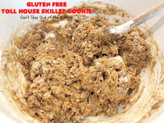 Gluten Free Toll House Skillet Cookie | Can't Stay Out of the Kitchen | this spectacular #skillet #cookie is everything you can ask for in a #dessert. It's rich, chocolaty, decadent & takes #TollHouse #cookies to the next level. Great for a #holiday #dessert like #FathersDay. This one's made with #glutenfree flour & #coconutsugar. #chocolate #chocolatechipcookies