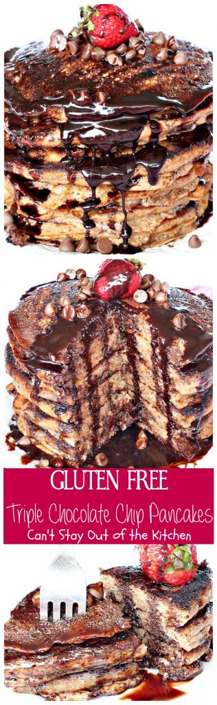Gluten Free Triple Chocolate Chip Pancakes | Can't Stay Out of the Kitchen | these awesome #pancakes taste like eating #dessert! #chocolatechips, #cocoa and #chocolate sauce make for one of the richest most decadent #breakfast entrees you'll ever eat! #glutenfree