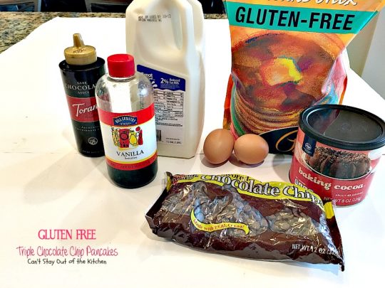 Gluten Free Triple Chocolate Chip Pancakes | Can't Stay Out of the Kitchen | these awesome #pancakes taste like eating #dessert! #chocolatechips, #cocoa and #chocolate sauce make for one of the richest most decadent #breakfast entrees you'll ever eat! #glutenfree