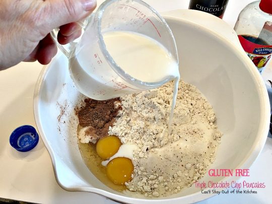 Gluten Free Triple Chocolate Chip Pancakes | Can't Stay Out of the Kitchen | these awesome #pancakes taste like eating #dessert! #chocolatechips, #cocoa and #chocolate sauce make for one of the richest most decadent #breakfast entrees you'll ever eat! #glutenfree